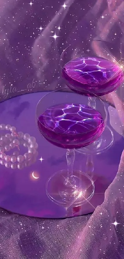 Mystical purple phone wallpaper with wine glasses and celestial accents.