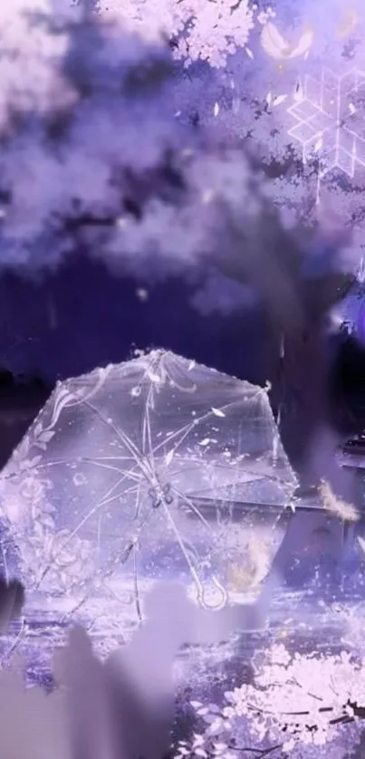 Mystical purple dreamscape with umbrella and abstract elements.