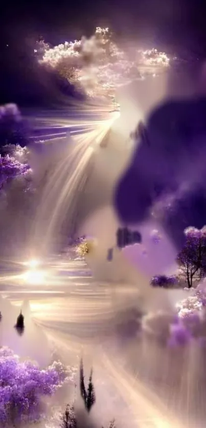 Mystical purple dreamscape mobile wallpaper with ethereal light and serene landscapes.