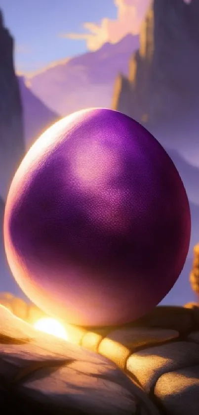 Mystical purple egg on mountain rock.