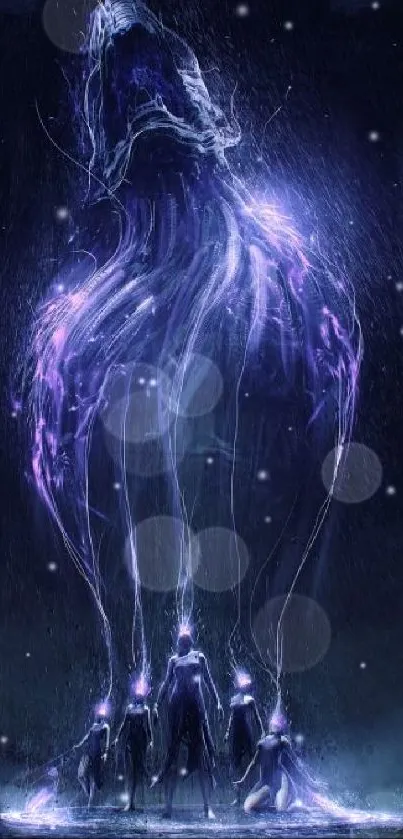 Mystical wallpaper with purple energy figure.