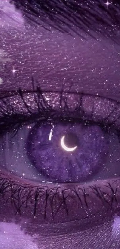 Mystical purple eye with clouds and stars on wallpaper.