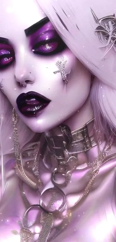 Ethereal fantasy character in purple hues with metallic and mystical accents.