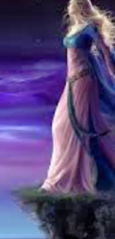 Ethereal woman in flowing robes on a mystical purple background.