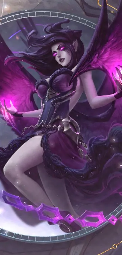 Mystical purple angel with wings and magical aura in fantasy art.