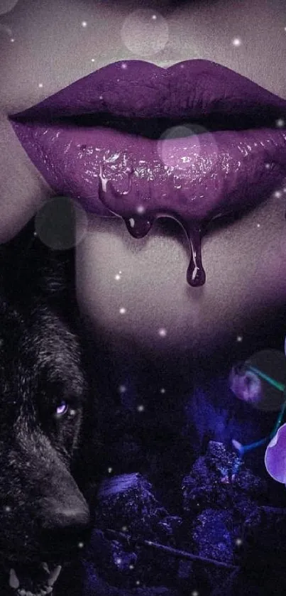 Mystical wallpaper with purple lips, wolf, and orchids.