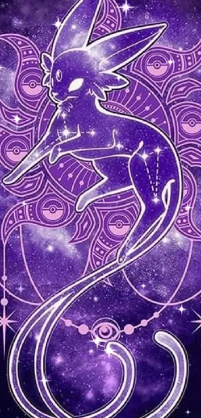 Fantasy wallpaper with a mystical purple creature and celestial patterns.