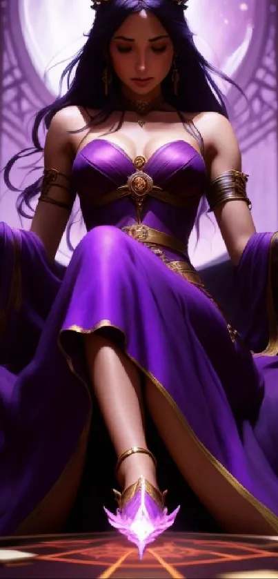 Mystical woman in purple dress with a fantasy backdrop for mobile wallpaper.