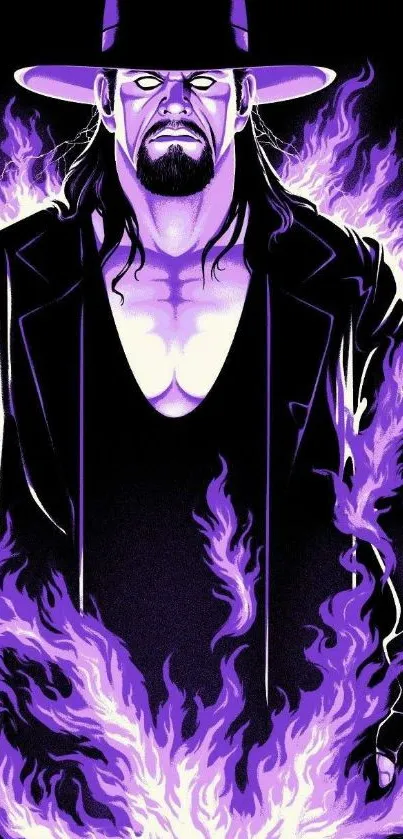 Mystical figure surrounded by purple flames on a mobile wallpaper.