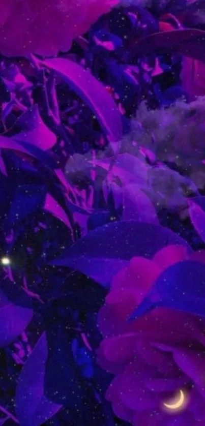 Mystical purple floral wallpaper with crescent moon and starry night sky.