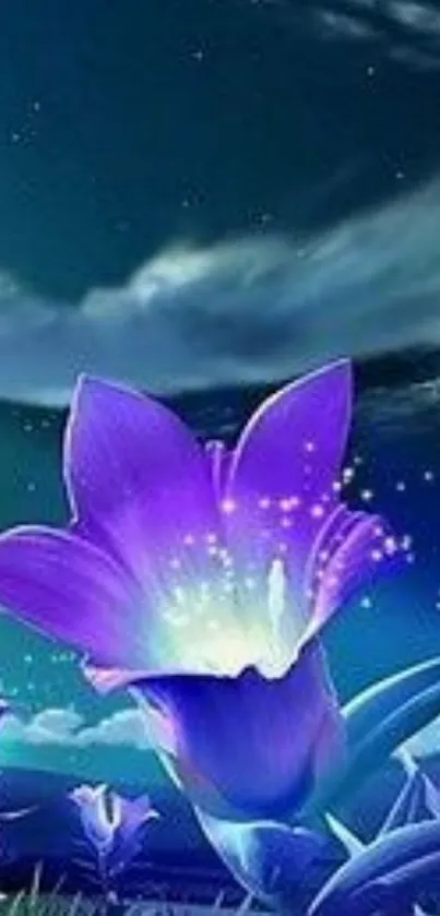 Mystical purple flower glowing under a night sky in mobile wallpaper.