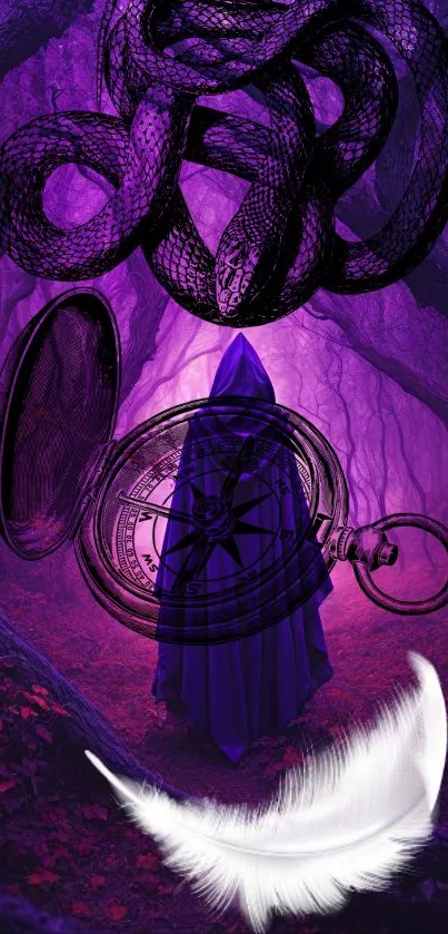 Cloaked figure in a mystical purple forest with snake, compass, and feather.