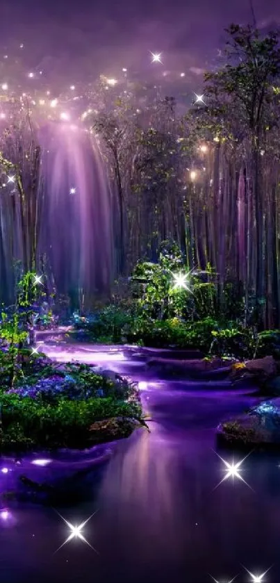 Serene purple forest with glowing trees and water reflections.