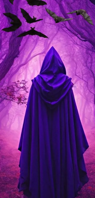 Hooded figure in a mystical purple forest with bats.