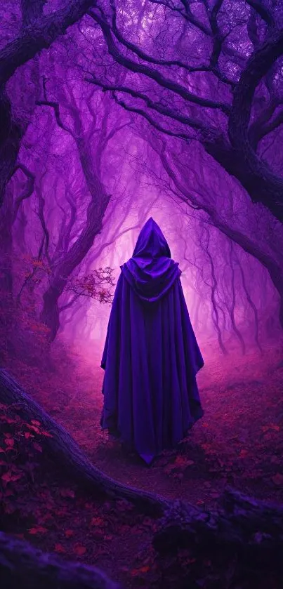 Mobile wallpaper of a mystical purple forest with a hooded figure.