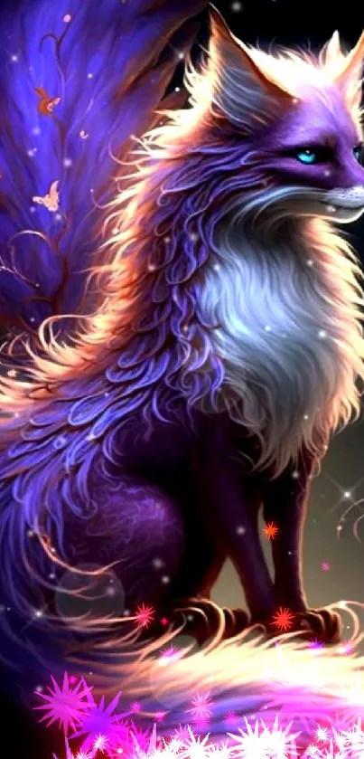 Mystical purple fox with whimsical, fantasy elements on a dark background.