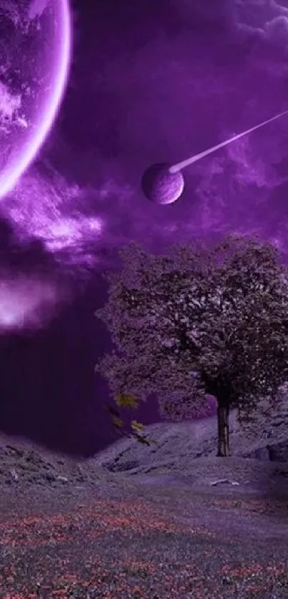 Mystical purple galaxy with planets and tree at night.