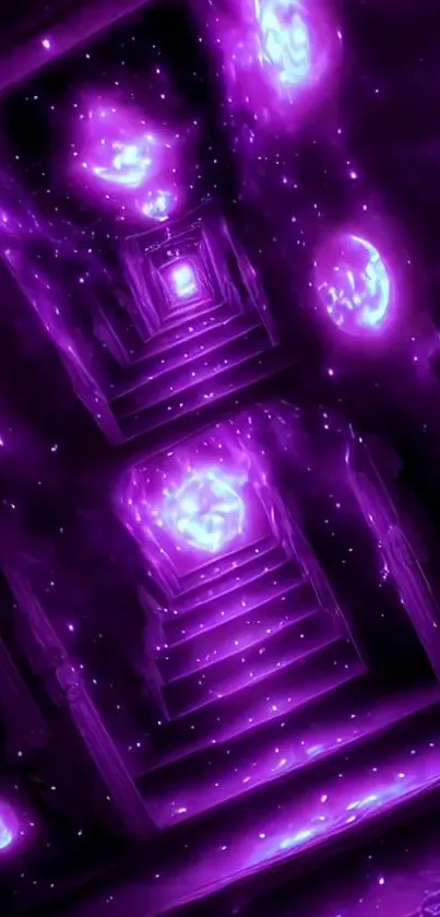 Mystical galaxy stairway with glowing purple spheres.