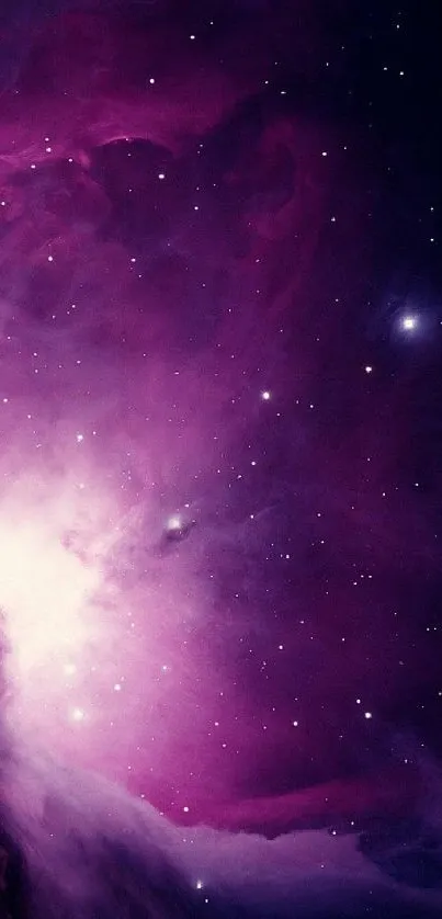 Purple galaxy with stars and a bright nebula in a cosmic scene.