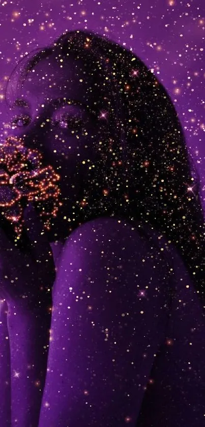 Mystical purple galaxy with stars and silhouetted figure.