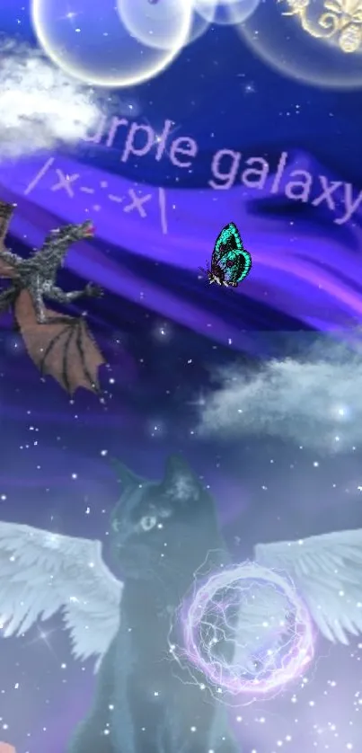 Fantasy wallpaper with dragon, purple galaxy, butterfly, and winged cat.