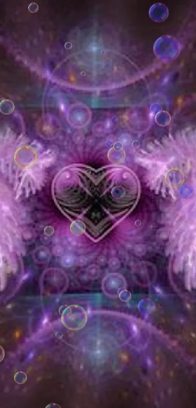 Ethereal purple heart with angelic feathers and mystical design.