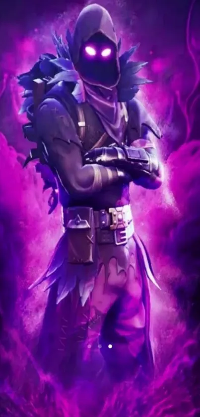 Mystical purple hooded warrior with glowing eyes.