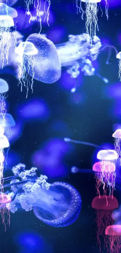 Purple jellyfish floating in a mystical aquatic scene.