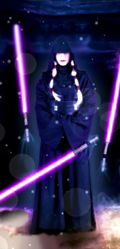 Hooded figure with purple lightsabers against a mystical background.