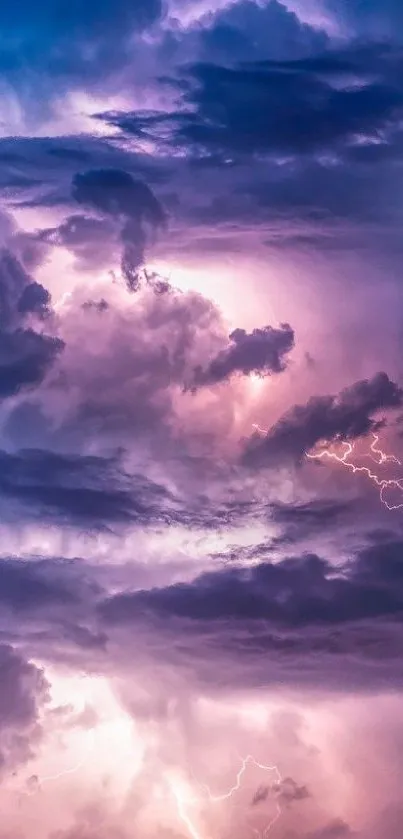 Mobile wallpaper of purple lightning illuminating dark stormy clouds.