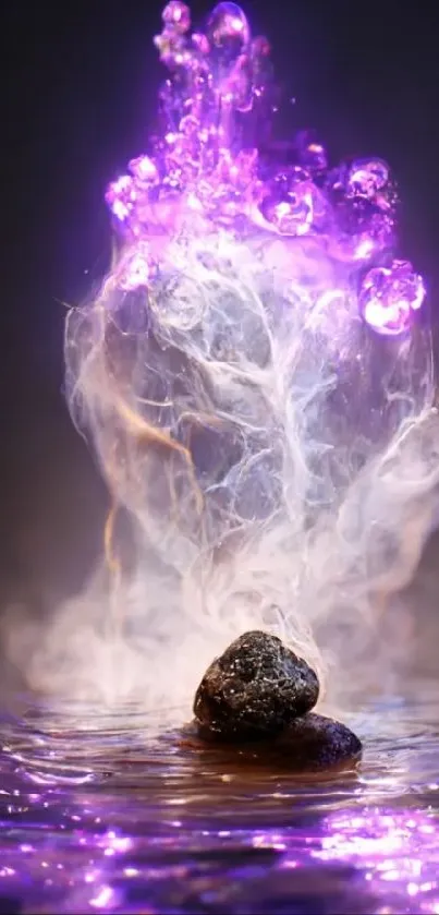 Ethereal purple magic with glowing smoke and stone.