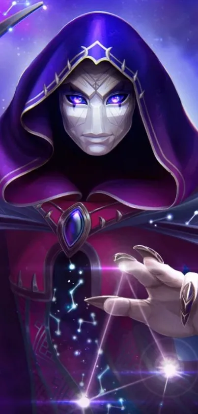 Mobile wallpaper of a mystical magician in magical purple hues.