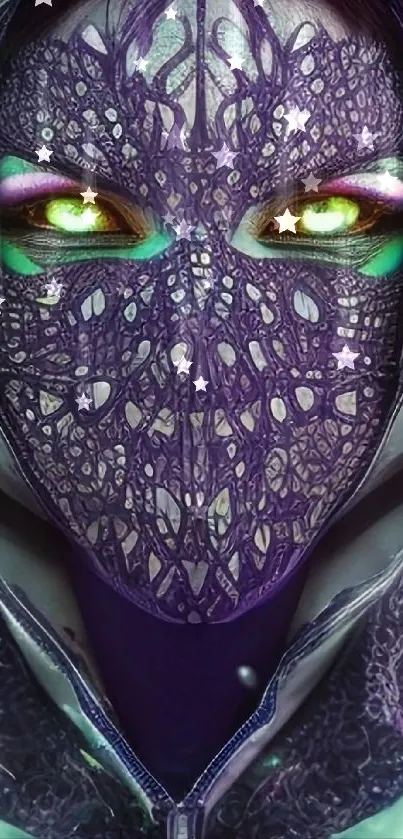 A mystical purple mask with glowing eyes in a hood.