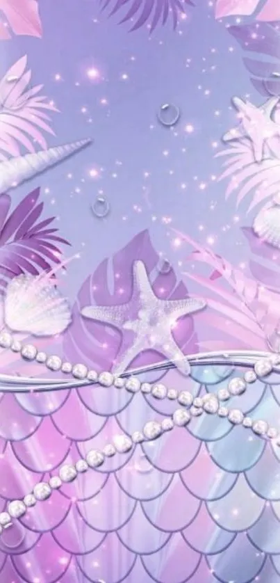 Lavender mermaid wallpaper with starfish and pearls.