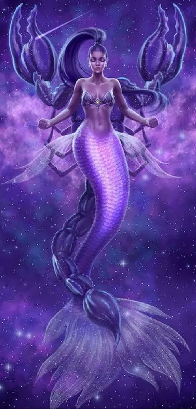 Mystical mermaid with purple tones and a cosmic background.