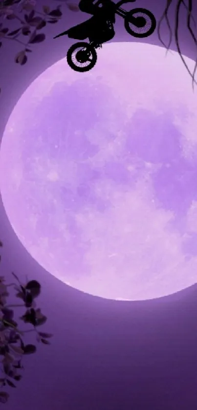 Silhouette of a bike jumping in front of a large purple moon with a mystical setting.