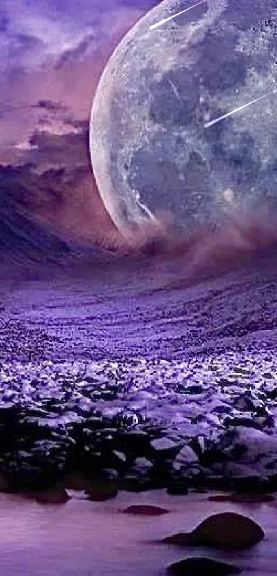 Mystical landscape with purple moon and sky.