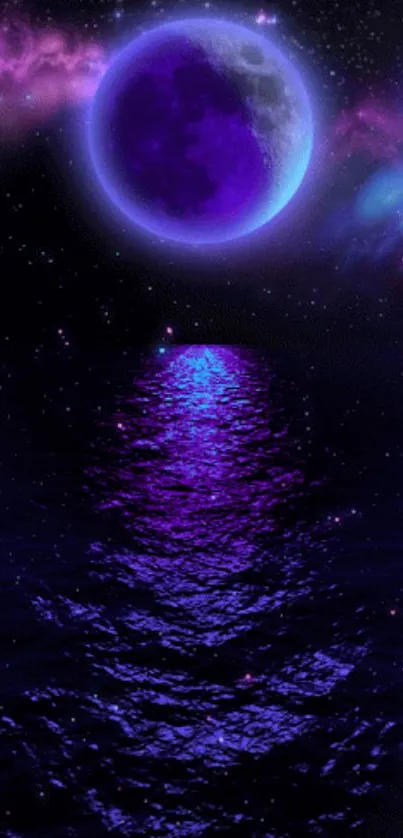 Purple moon reflecting on ocean waves under a starry night sky.