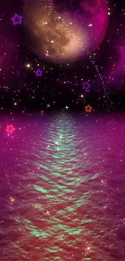 Vibrant purple moonlit ocean mobile wallpaper with stars.