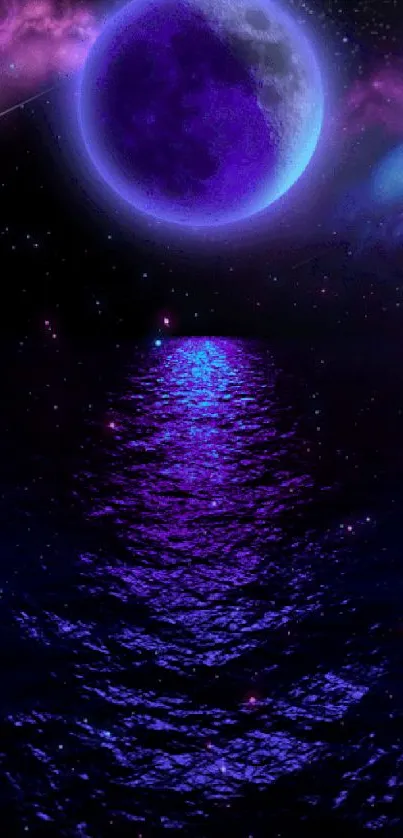 Mystical purple moon over a calm ocean with stars.