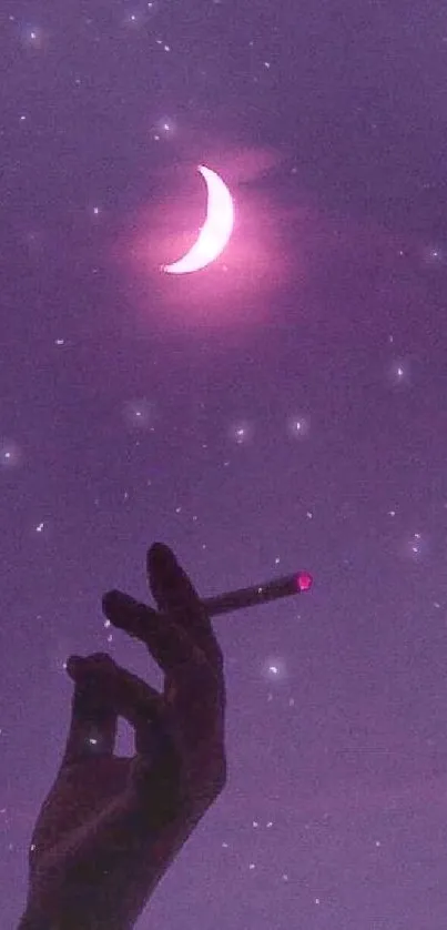 Silhouette of hand holding smoking object under a purple crescent moon.