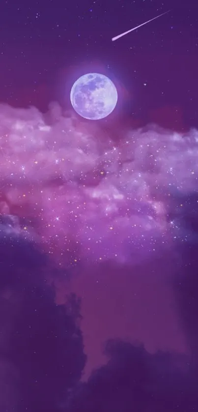 Mystical night sky wallpaper with a purple moon and dreamy clouds.