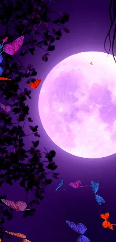 Purple night with full moon and tree.