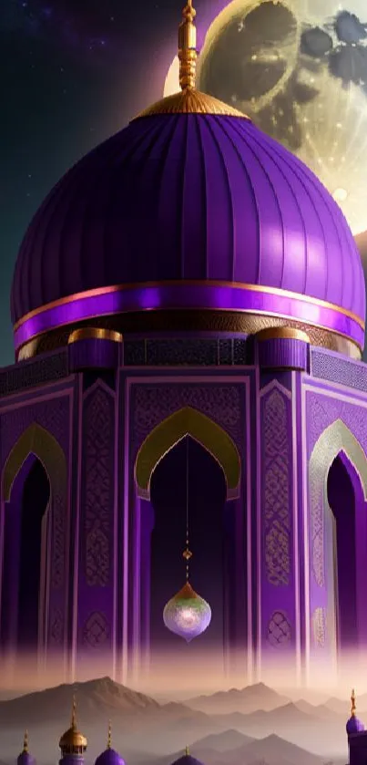 Mystical purple mosque under moonlight with a serene night sky backdrop.