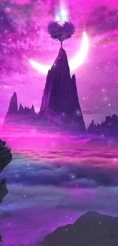 Purple mountains with crescent moon and tree, fantasy wallpaper.