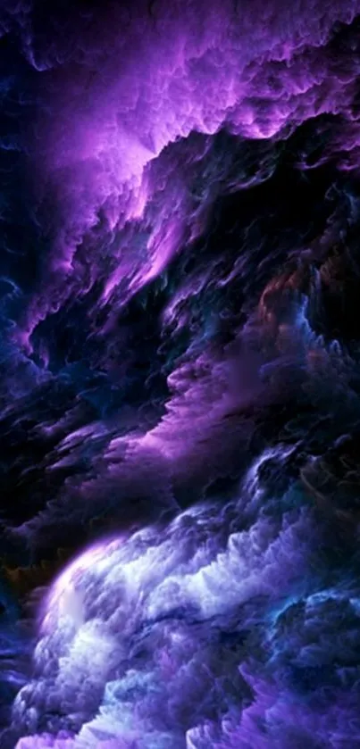 Mystical purple nebula with swirling clouds.