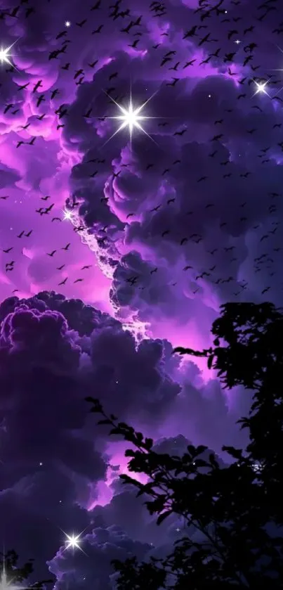 Vivid purple clouds with stars illuminating the night sky.