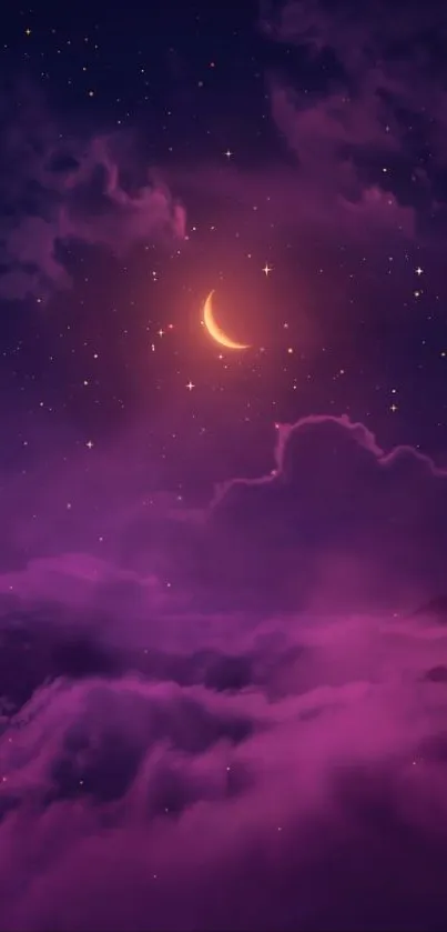 Mystical night sky with a crescent moon and glowing stars in a purple hue.