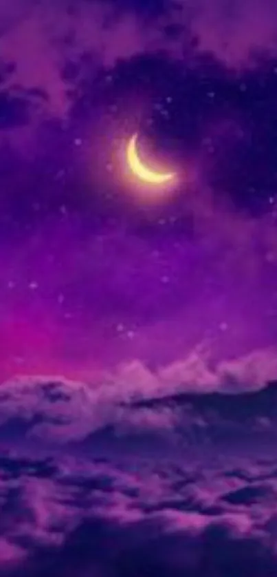 Mystical purple sky with crescent moon and stars on a mobile wallpaper.