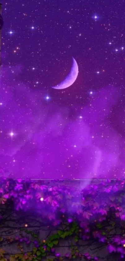 Mystical purple night sky with crescent moon.